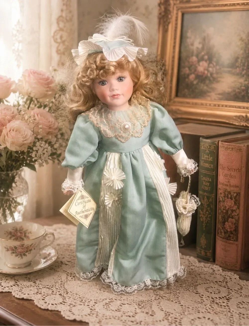 Soft Expressions Porcelain Doll in Green Dress with Hat, Umbrella. Vintage Rare